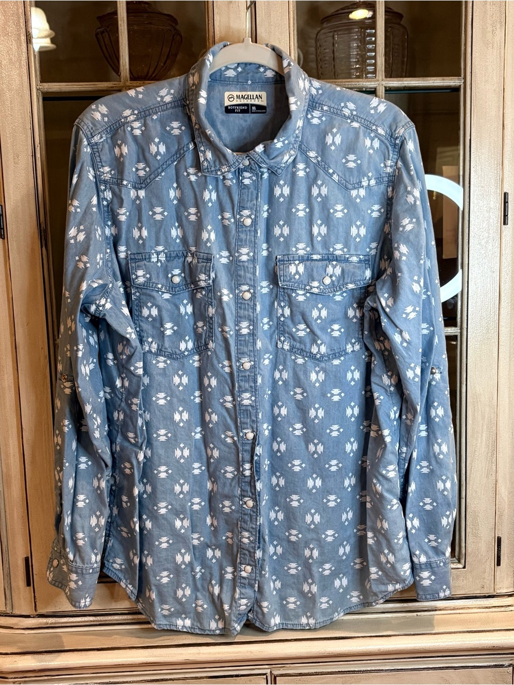 Magellan Outdoors Light Blue Printed Casual cotton-blend Button-Down Shirt